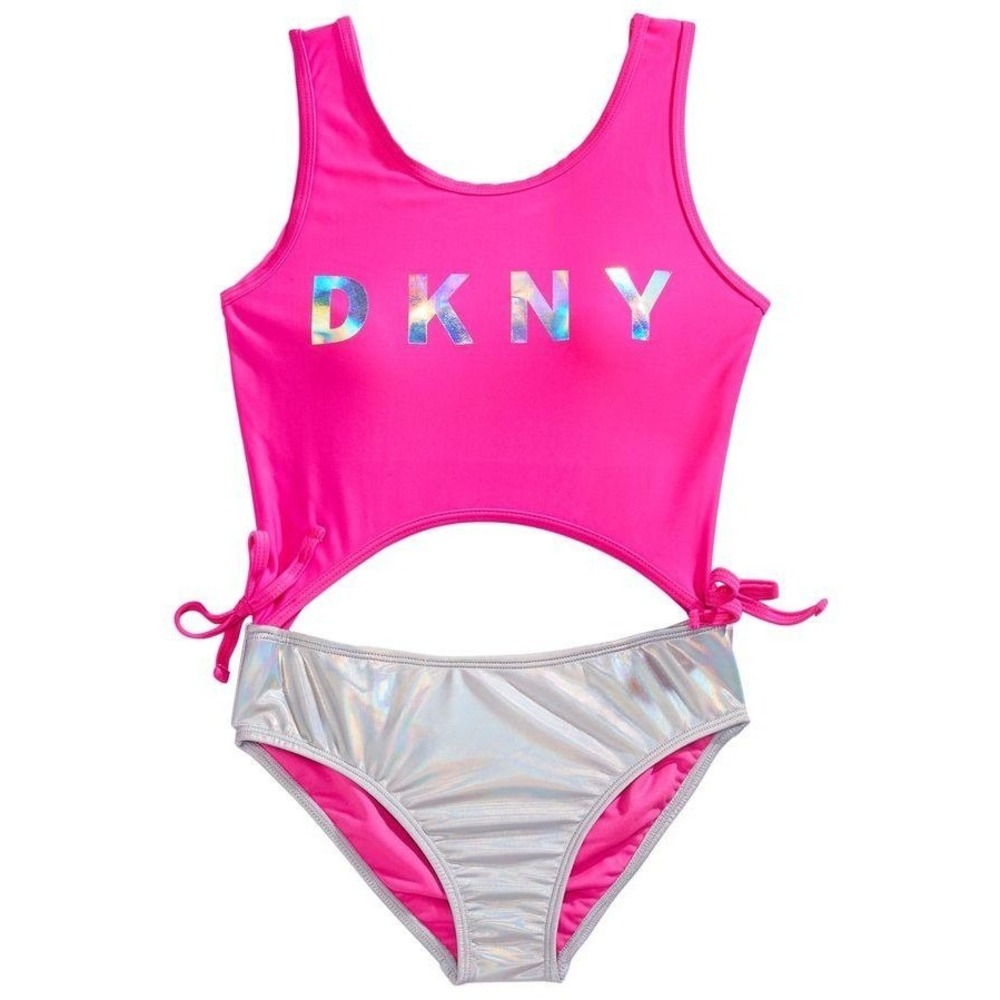 DKNY One Piece Swimsuit Girls 14‎ Pink Silver Holographic Logo Cutout